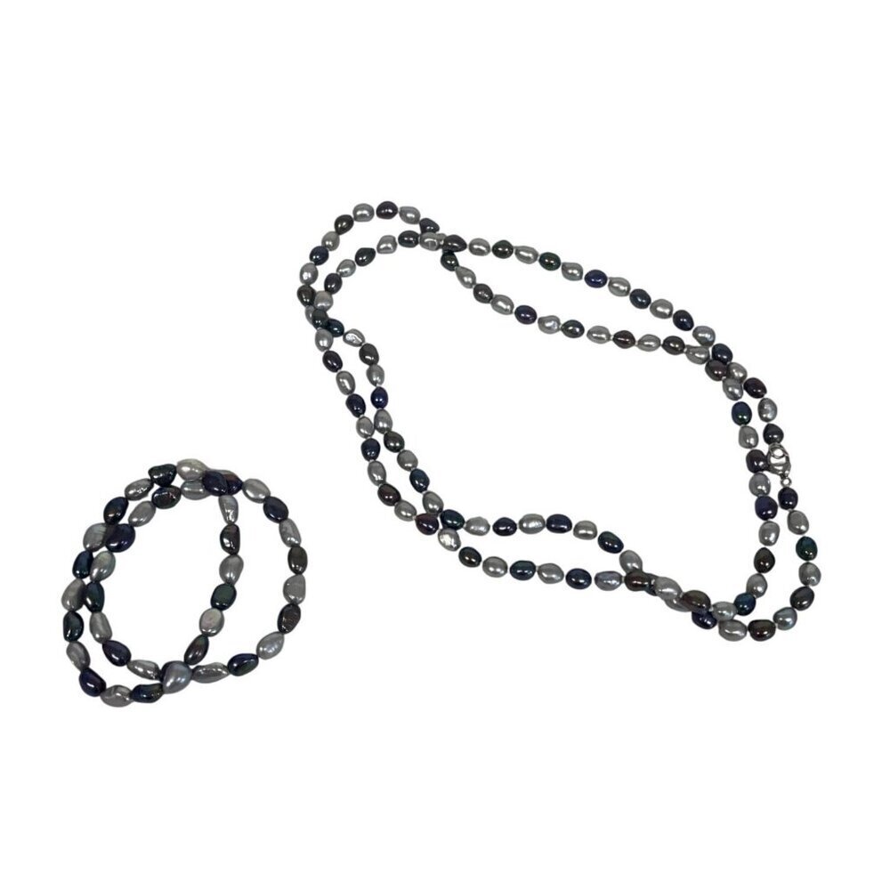 Black Silver Purple Faux Pearl Beaded Necklace & Bracelet Set‎